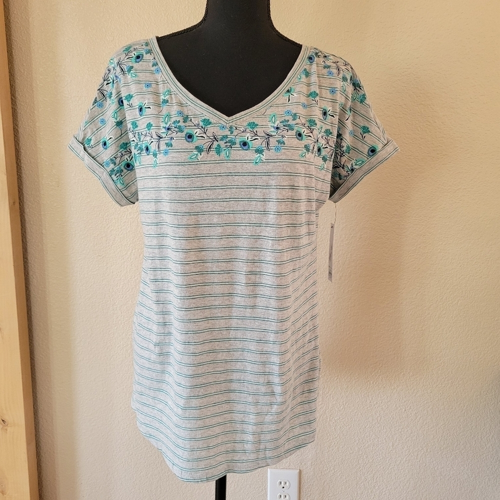 🔥 (5for$35) NWT SONOMA Grey Floral Casual Short Sleeve Top